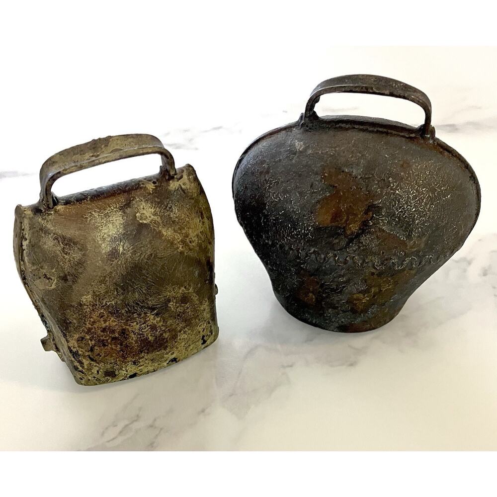 Antique Cast Iron Cow Bells - 2 Brass, Copper Plated Primitive Swiss European